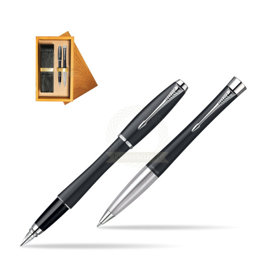 Parker Urban Classic Muted Black Lacquer CT Fountain Pen + Parker Urban Classic Muted Black Lacquer CT Ballpoint Pen in a Gift Box in double wooden box Honey Double Ecru