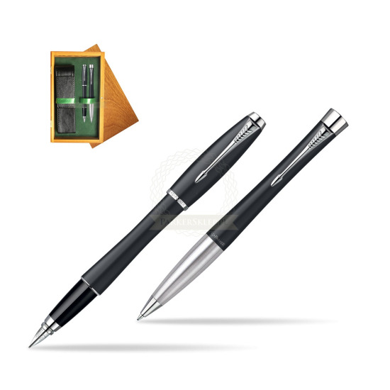 Parker Urban Classic Muted Black Lacquer CT Fountain Pen + Parker Urban Classic Muted Black Lacquer CT Ballpoint Pen in a Gift Box in double wooden box Honey Green