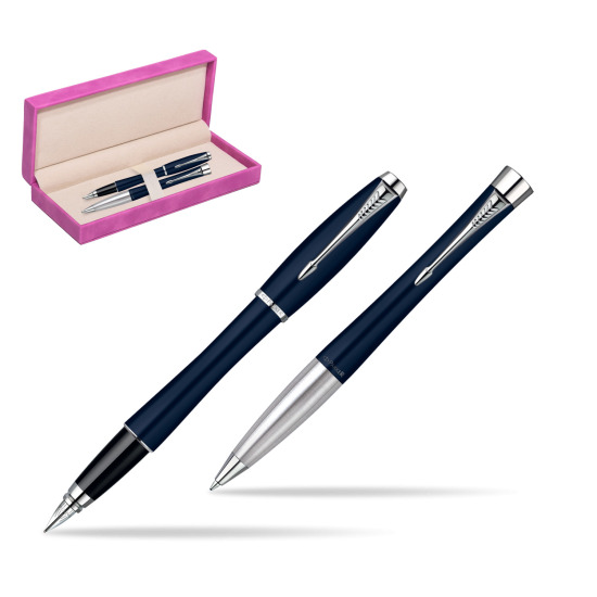 Parker Urban Classic Nightsky Blue Lacquer CT Fountain Pen + Parker Urban Classic Nightsky Blue Lacquer CT Ballpoint Pen in a Gift Box in suede box fuchsia