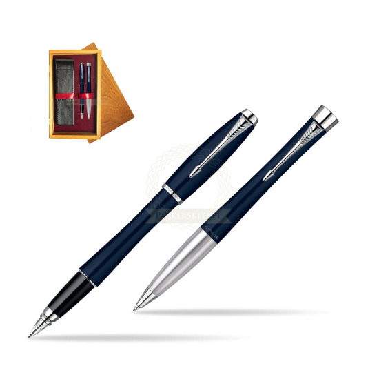 Parker Urban Classic Nightsky Blue Lacquer CT Fountain Pen + Parker Urban Classic Nightsky Blue Lacquer CT Ballpoint Pen in a Gift Box in double wooden box Honey Double Maroon