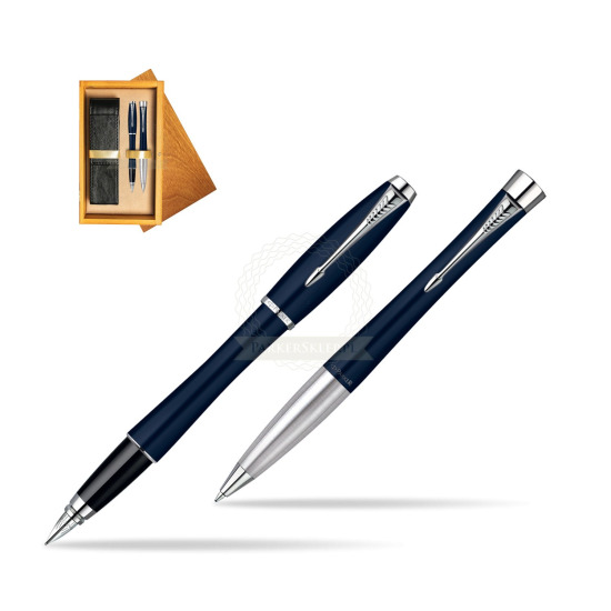 Parker Urban Classic Nightsky Blue Lacquer CT Fountain Pen + Parker Urban Classic Nightsky Blue Lacquer CT Ballpoint Pen in a Gift Box in double wooden box Honey Double Ecru