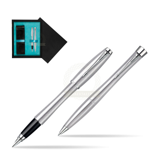 Parker Urban Classic Metro Metallic CT Fountain Pen + Parker Urban Classic Metro Metallic CT Ballpoint Pen in a Gift Box in double wooden box Black Double Turquoise