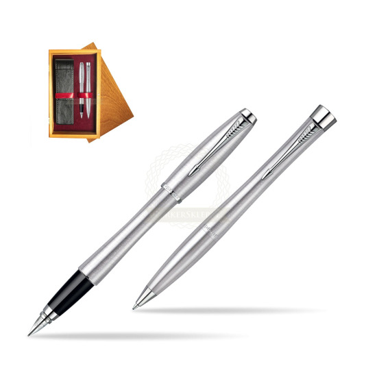 Parker Urban Classic Metro Metallic CT Fountain Pen + Parker Urban Classic Metro Metallic CT Ballpoint Pen in a Gift Box in double wooden box Honey Double Maroon