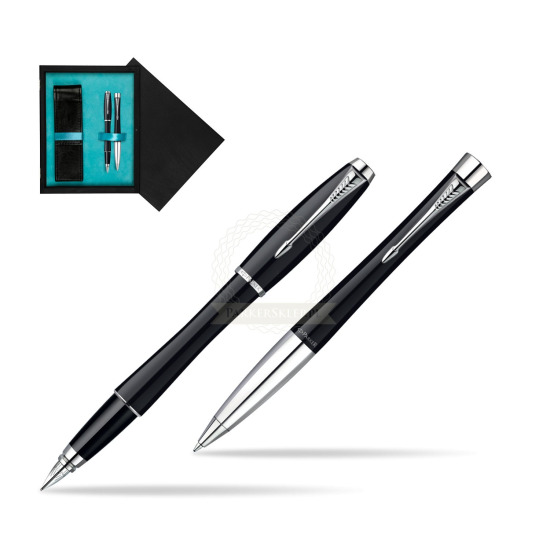 Parker Urban Fashion London Cab Black Lacquer CT Pluma estilográficas + Parker Urban Fashion London Cab Black Lacquer CT Bolígrafo in a Gift Box in double wooden box Black Double Turquoise