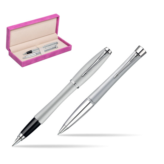 Parker Urban Fashion Fast Track Silver Lacquer CT Penna Stilografica + Parker Urban Fashion Fast Track Silver Lacquer CT Penna a Sfera Set regalo in suede box fuchsia