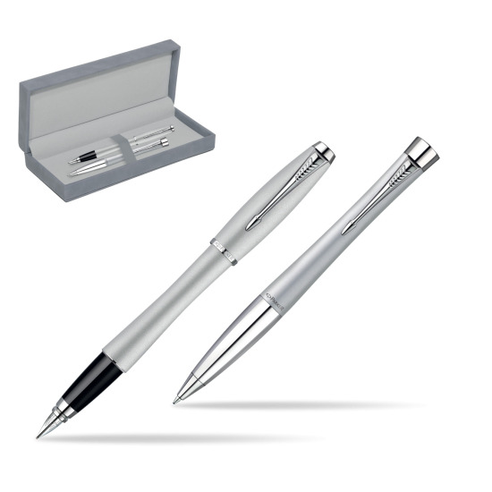 Parker Urban Fashion Fast Track Silver Lacquer CT Penna Stilografica + Parker Urban Fashion Fast Track Silver Lacquer CT Penna a Sfera Set regalo in suede box grey
