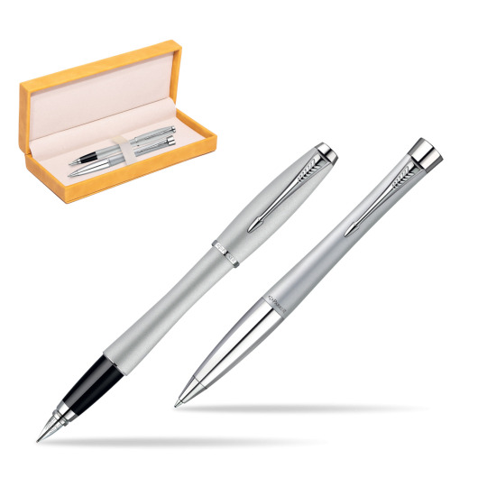 Parker Urban Fashion Fast Track Silver Lacquer CT Penna Stilografica + Parker Urban Fashion Fast Track Silver Lacquer CT Penna a Sfera Set regalo in suede box yellow