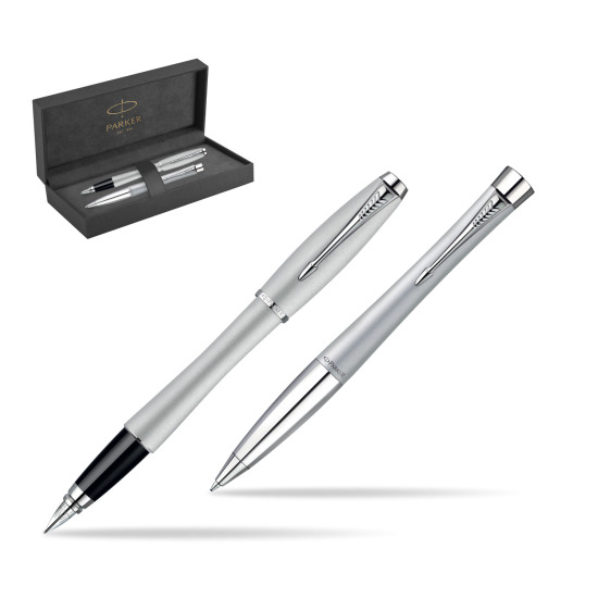 Parker Urban Fashion Fast Track Silver Lacquer CT Penna Stilografica + Parker Urban Fashion Fast Track Silver Lacquer CT Penna a Sfera Set regalo in original Parker Prestige box