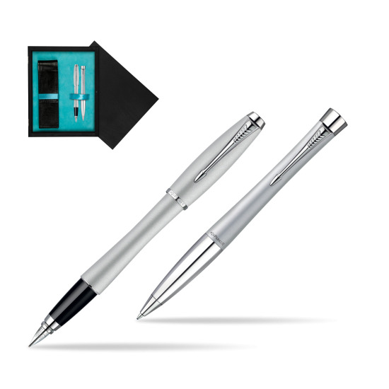 Parker Urban Fashion Fast Track Silver Lacquer CT Penna Stilografica + Parker Urban Fashion Fast Track Silver Lacquer CT Penna a Sfera Set regalo in double wooden box Black Double Turquoise
