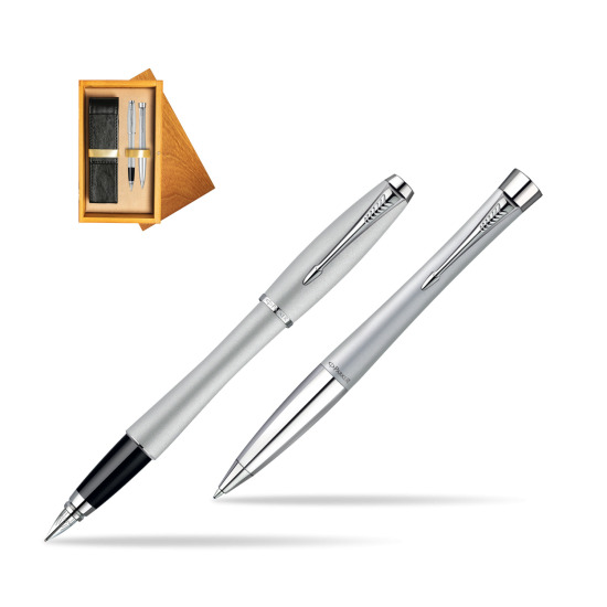 Parker Urban Fashion Fast Track Silver Lacquer CT Penna Stilografica + Parker Urban Fashion Fast Track Silver Lacquer CT Penna a Sfera Set regalo in double wooden box Honey Double Ecru