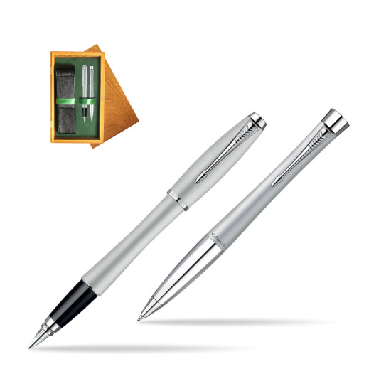 Parker Urban Fashion Fast Track Silver Lacquer CT Penna Stilografica + Parker Urban Fashion Fast Track Silver Lacquer CT Penna a Sfera Set regalo in double wooden box Honey Green