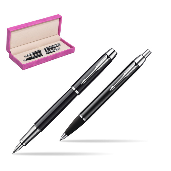 Parker IM Black Lacquer CT Fountain Pen + Parker IM Black Lacquer CT Ballpoint Pen in a Gift Box in suede box fuchsia