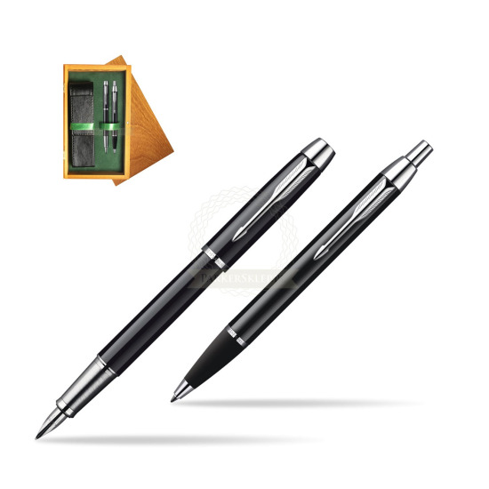 Parker IM Black Lacquer CT Fountain Pen + Parker IM Black Lacquer CT Ballpoint Pen in a Gift Box in double wooden box Honey Green
