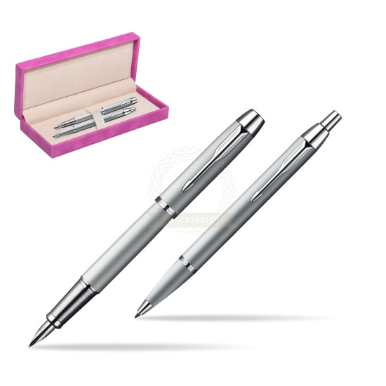 Parker IM Silver CT Fountain Pen + Parker IM Silver CT Ballpoint Pen in a Gift Box in suede box fuchsia