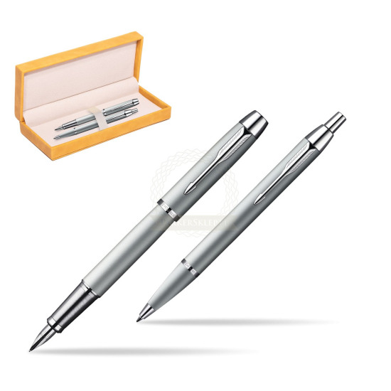 Parker IM Silver CT Fountain Pen + Parker IM Silver CT Ballpoint Pen in a Gift Box in suede box yellow