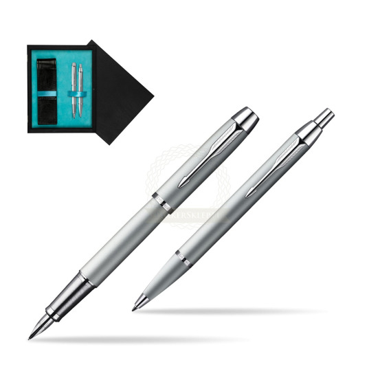 Parker IM Silver CT Fountain Pen + Parker IM Silver CT Ballpoint Pen in a Gift Box in double wooden box Black Double Turquoise