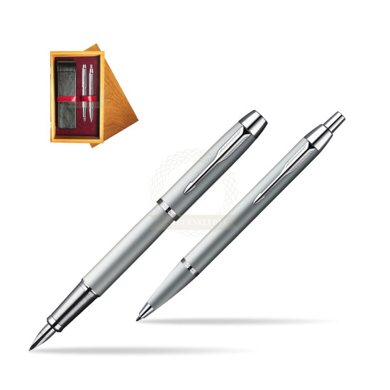 Parker IM Silver CT Fountain Pen + Parker IM Silver CT Ballpoint Pen in a Gift Box in double wooden box Honey Double Maroon