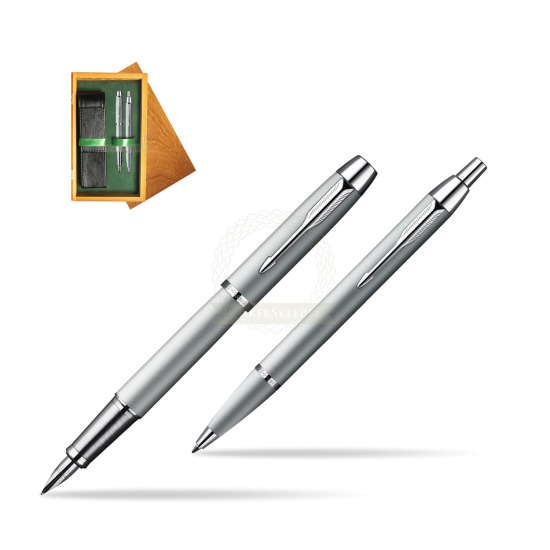 Parker IM Silver CT Fountain Pen + Parker IM Silver CT Ballpoint Pen in a Gift Box in double wooden box Honey Green