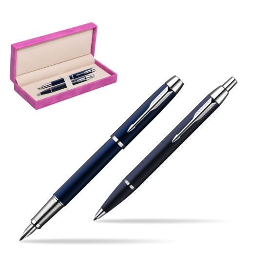 Parker IM Blue Lacquer CT Fountain Pen + Parker IM Blue Lacquer CT Ballpoint Pen in a Gift Box in suede box fuchsia
