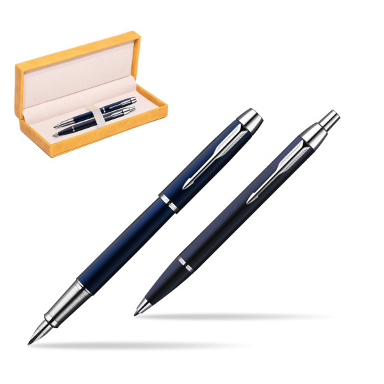 Parker IM Blue Lacquer CT Fountain Pen + Parker IM Blue Lacquer CT Ballpoint Pen in a Gift Box in suede box yellow