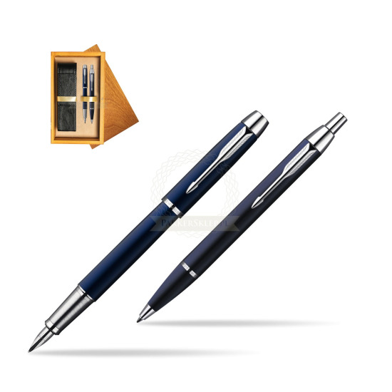 Parker IM Blue Lacquer CT Fountain Pen + Parker IM Blue Lacquer CT Ballpoint Pen in a Gift Box in double wooden box Honey Double Ecru