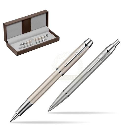 Parker IM Brushed Metal CT Penna Stilografica + Parker IM Brushed Metal CT Penna a Sfera Set regalo in the brown leather box
