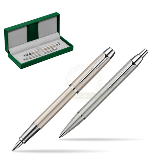 Parker IM Brushed Metal CT Penna Stilografica + Parker IM Brushed Metal CT Penna a Sfera Set regalo in the green leather box