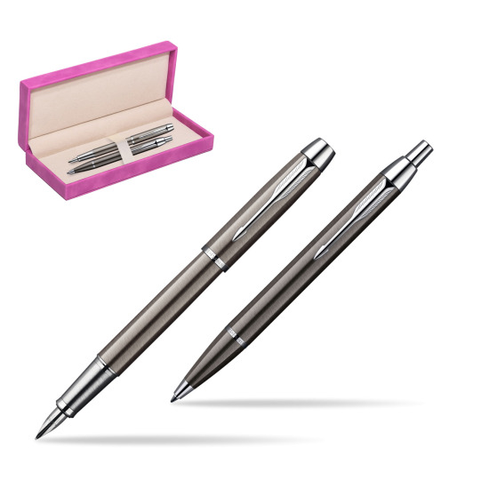 Parker IM Gun Metal CT Fountain Pen + Parker IM Gun Metal CT Ballpoint Pen in a Gift Box in suede box fuchsia
