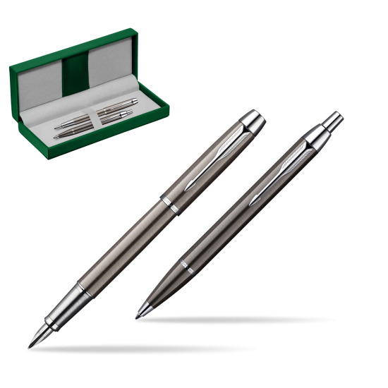 Parker IM Gun Metal CT Penna Stilografica + Parker IM Gun Metal CT Penna a Sfera Set regalo in the green leather box