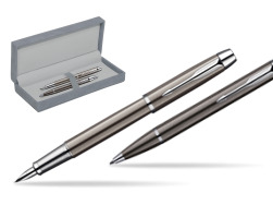 Parker IM Gun Metal CT Fountain Pen + Parker IM Gun Metal CT Ballpoint Pen in a Gift Box in suede box grey