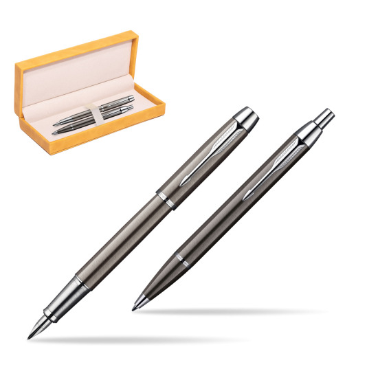Parker IM Gun Metal CT Fountain Pen + Parker IM Gun Metal CT Ballpoint Pen in a Gift Box in suede box yellow