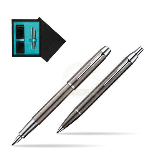 Parker IM Gun Metal CT Fountain Pen + Parker IM Gun Metal CT Ballpoint Pen in a Gift Box in double wooden box Black Double Turquoise