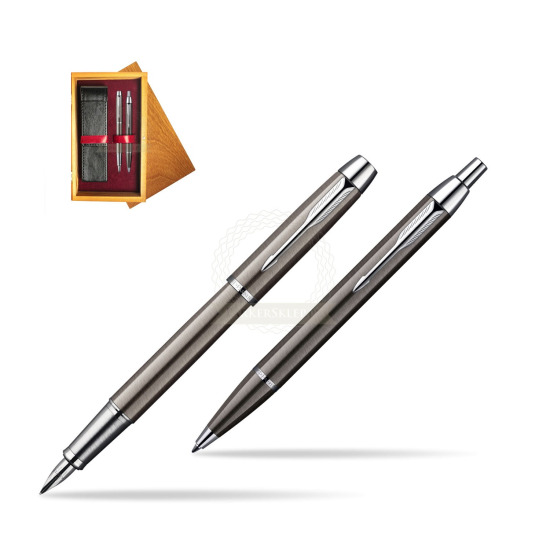 Parker IM Gun Metal CT Fountain Pen + Parker IM Gun Metal CT Ballpoint Pen in a Gift Box in double wooden box Honey Double Maroon