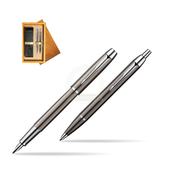 Parker IM Gun Metal CT Fountain Pen + Parker IM Gun Metal CT Ballpoint Pen in a Gift Box in double wooden box Honey Double Ecru