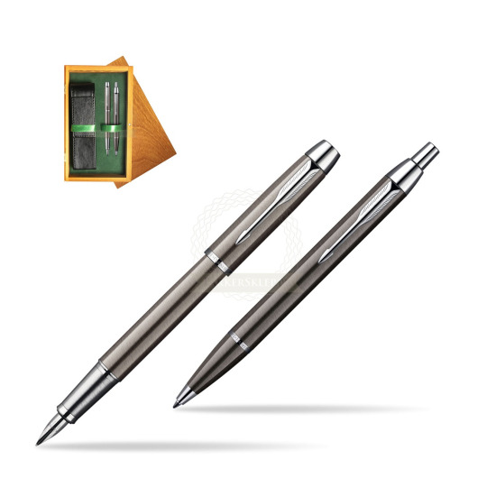 Parker IM Gun Metal CT Fountain Pen + Parker IM Gun Metal CT Ballpoint Pen in a Gift Box in double wooden box Honey Green
