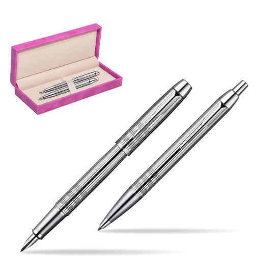 Parker IM Premium Shiny Chrome Metal Chiselled CT Fountain Pen + Parker IM Premium Shiny Chrome Metal Chiselled CT Ballpoint Pen in a Gift Box in suede box fuchsia