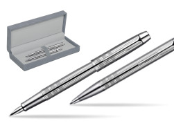 Parker IM Premium Shiny Chrome Metal Chiselled CT Fountain Pen + Parker IM Premium Shiny Chrome Metal Chiselled CT Ballpoint Pen in a Gift Box in suede box grey