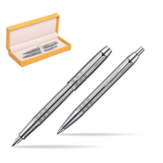 Parker IM Premium Shiny Chrome Metal Chiselled CT Fountain Pen + Parker IM Premium Shiny Chrome Metal Chiselled CT Ballpoint Pen in a Gift Box in suede box yellow
