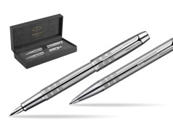 Parker IM Premium Shiny Chrome Metal Chiselled CT Fountain Pen + Parker IM Premium Shiny Chrome Metal Chiselled CT Ballpoint Pen in a Gift Box in original Parker Prestige box