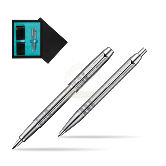 Parker IM Premium Shiny Chrome Metal Chiselled CT Fountain Pen + Parker IM Premium Shiny Chrome Metal Chiselled CT Ballpoint Pen in a Gift Box in double wooden box Black Double Turquoise