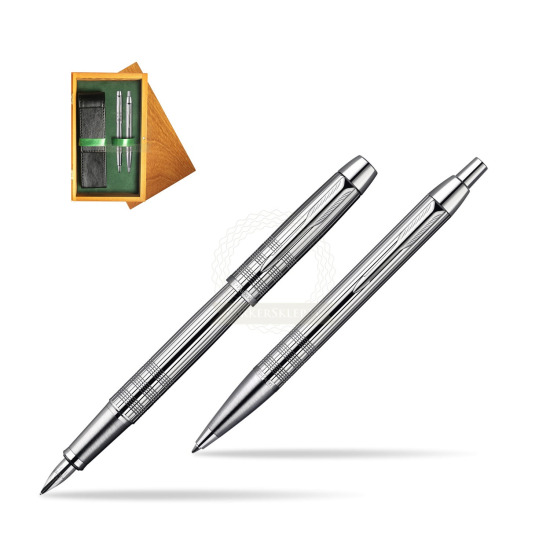 Parker IM Premium Shiny Chrome Metal Chiselled CT Fountain Pen + Parker IM Premium Shiny Chrome Metal Chiselled CT Ballpoint Pen in a Gift Box in double wooden box Honey Green