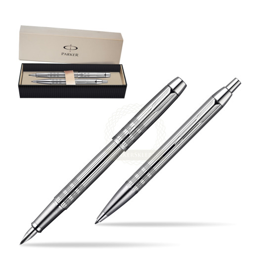 Parker IM Premium Shiny Chrome Metal Chiselled CT Fountain Pen + Parker IM Premium Shiny Chrome Metal Chiselled CT Ballpoint Pen in a Gift Box