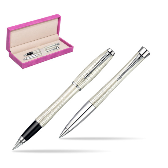 Parker Urban Premium Pearl Metal Chiselled CT Fountain Pen + Parker Urban Premium Pearl Metal Chiselled CT Ballpoint Pen in a Gift Box in suede box fuchsia
