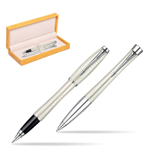 Parker Urban Premium Pearl Metal Chiselled CT Fountain Pen + Parker Urban Premium Pearl Metal Chiselled CT Ballpoint Pen in a Gift Box in suede box yellow