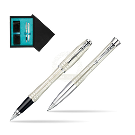 Parker Urban Premium Pearl Metal Chiselled CT Fountain Pen + Parker Urban Premium Pearl Metal Chiselled CT Ballpoint Pen in a Gift Box in double wooden box Black Double Turquoise
