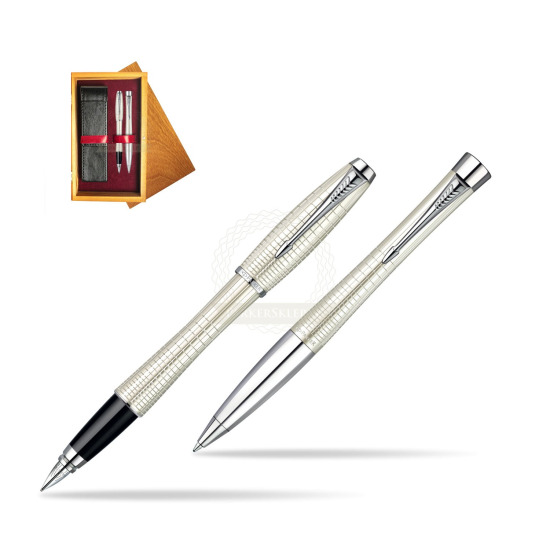 Parker Urban Premium Pearl Metal Chiselled CT Fountain Pen + Parker Urban Premium Pearl Metal Chiselled CT Ballpoint Pen in a Gift Box in double wooden box Honey Double Maroon