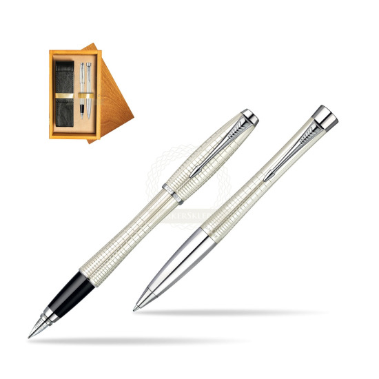 Parker Urban Premium Pearl Metal Chiselled CT Fountain Pen + Parker Urban Premium Pearl Metal Chiselled CT Ballpoint Pen in a Gift Box in double wooden box Honey Double Ecru