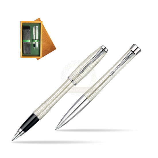 Parker Urban Premium Pearl Metal Chiselled CT Fountain Pen + Parker Urban Premium Pearl Metal Chiselled CT Ballpoint Pen in a Gift Box in double wooden box Honey Green