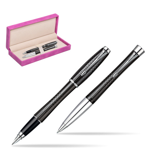 Parker Urban Premium Ebony Metal Chiselled CT Fountain Pen + Parker Urban Premium Ebony Metal Chiselled CT Ballpoint Pen in a Gift Box in suede box fuchsia