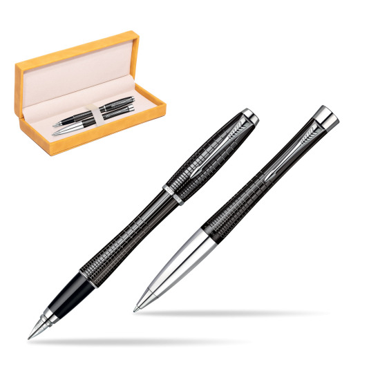 Parker Urban Premium Ebony Metal Chiselled CT Fountain Pen + Parker Urban Premium Ebony Metal Chiselled CT Ballpoint Pen in a Gift Box in suede box yellow